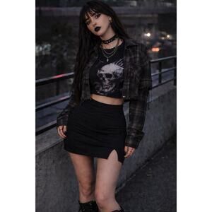 New Black Mini Skirt Skort Medium Stretch Side Slit Bodycon Goth Night Out Grung